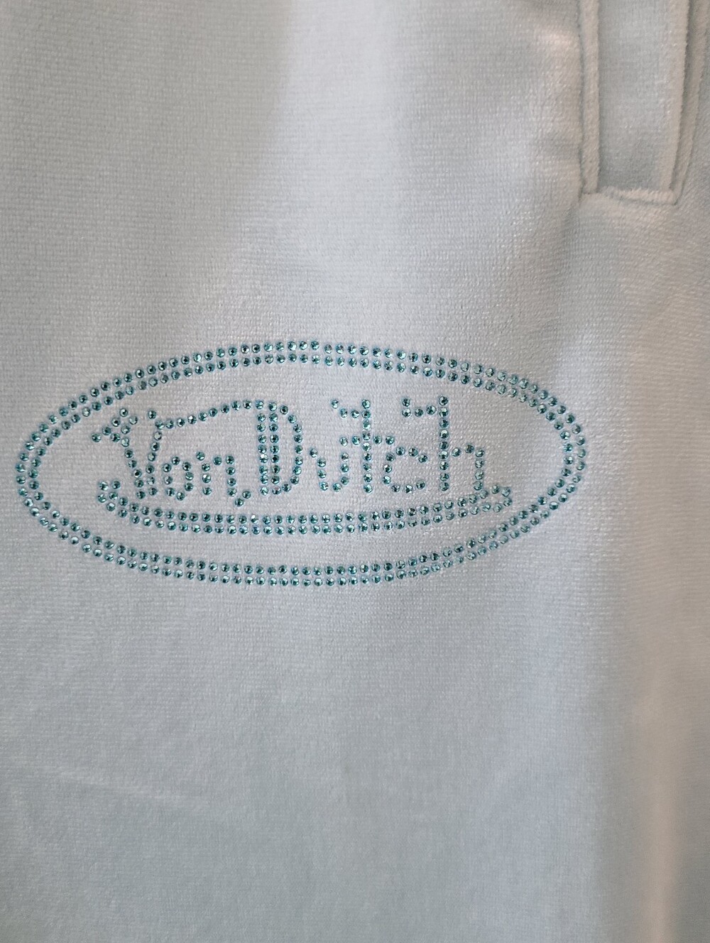 Von Dutch Women’s Blue Velour Rhinestone Logo Y2K Retro Wide Leg Sweatpants Sz L - Picture 7 of 16